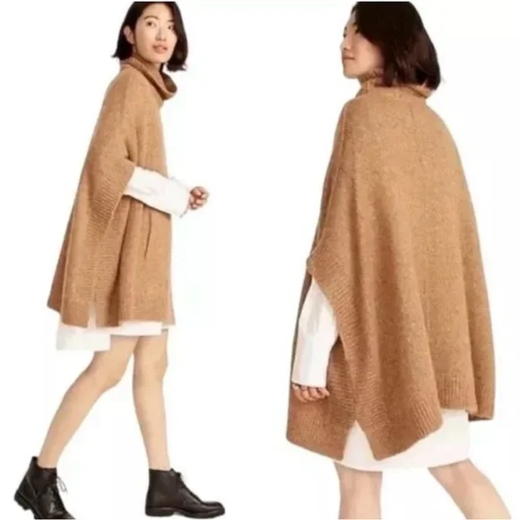 J Crew wool & alpaca blend turtleneck poncho in a camel knit. Size M/L. - Picture 1 of 6